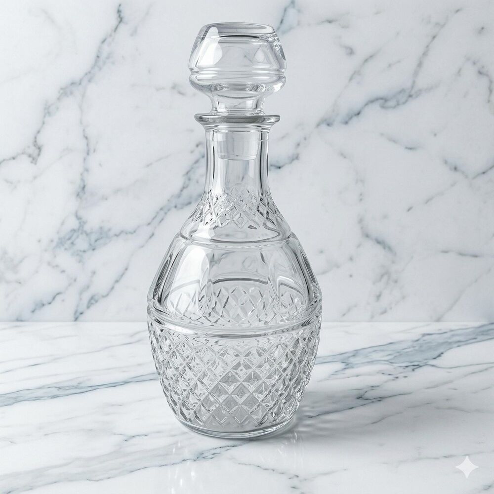 Vintage Pressed Glass Decanter with Stopper Criss Cross Grape Diamond Cut